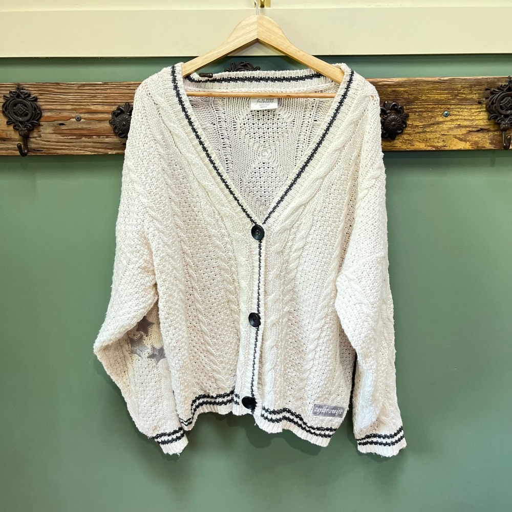 Taylor Swift Folklore Album Cardigan Cream Star Patch Cable Knit Medium Large